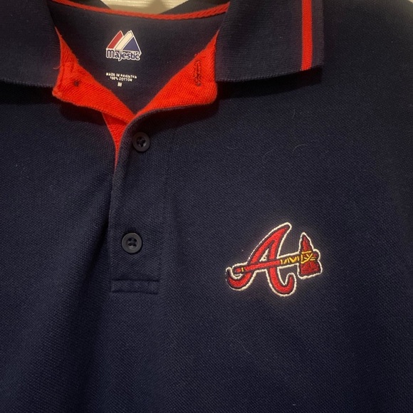 Atlanta Braves Majestic Polo Navy Blue/Red Shirt Men’s Size Medium - Picture 2 of 6